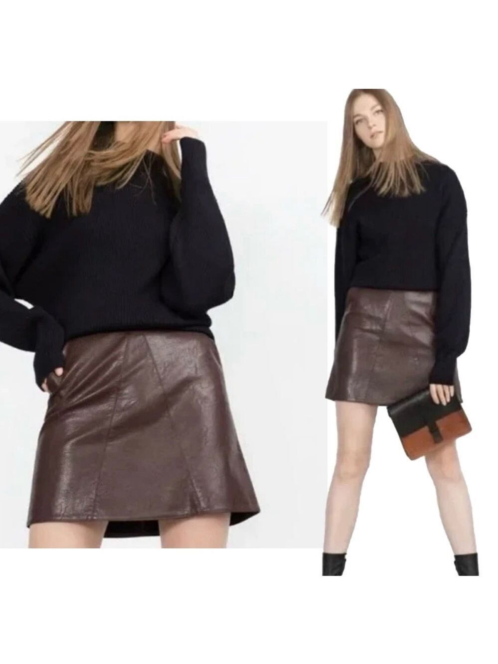 Zara Burgundy Red Faux Leather A-line Mini Skirt Sz M